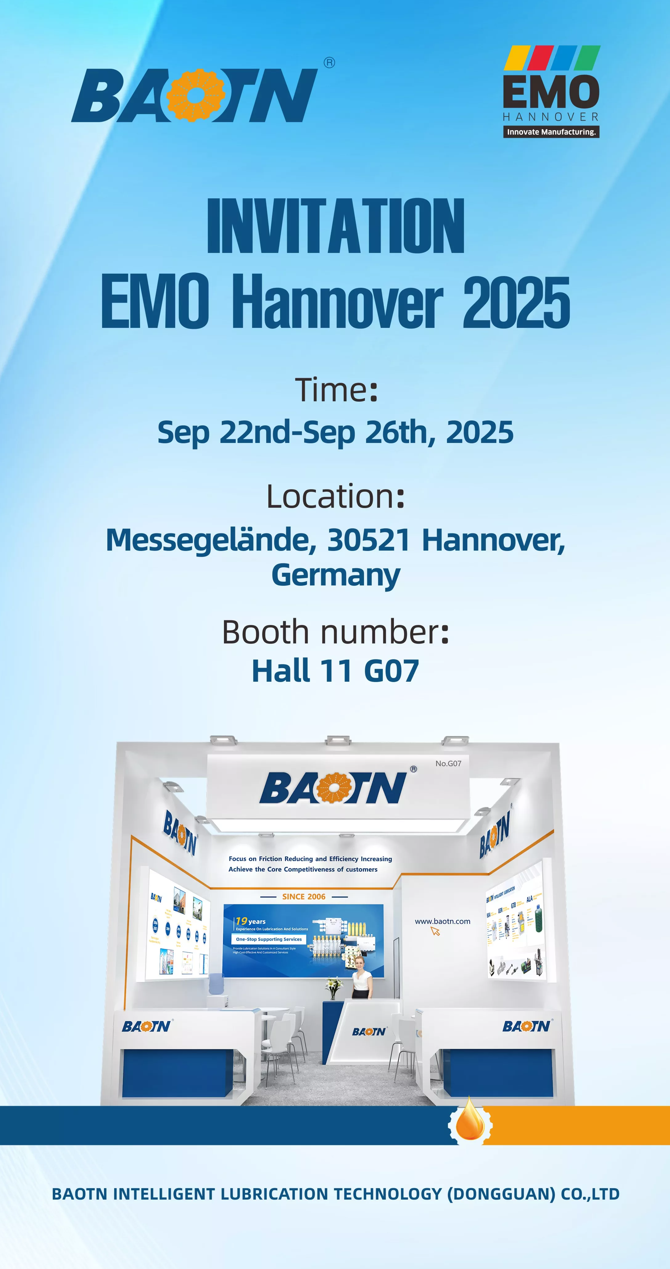  BAOTN INTELLIGENT LUBRICATION TECHNOLOGY(DONGGUAN) CO.,LTD To Showcase Innovation at EMO Hannover 2025